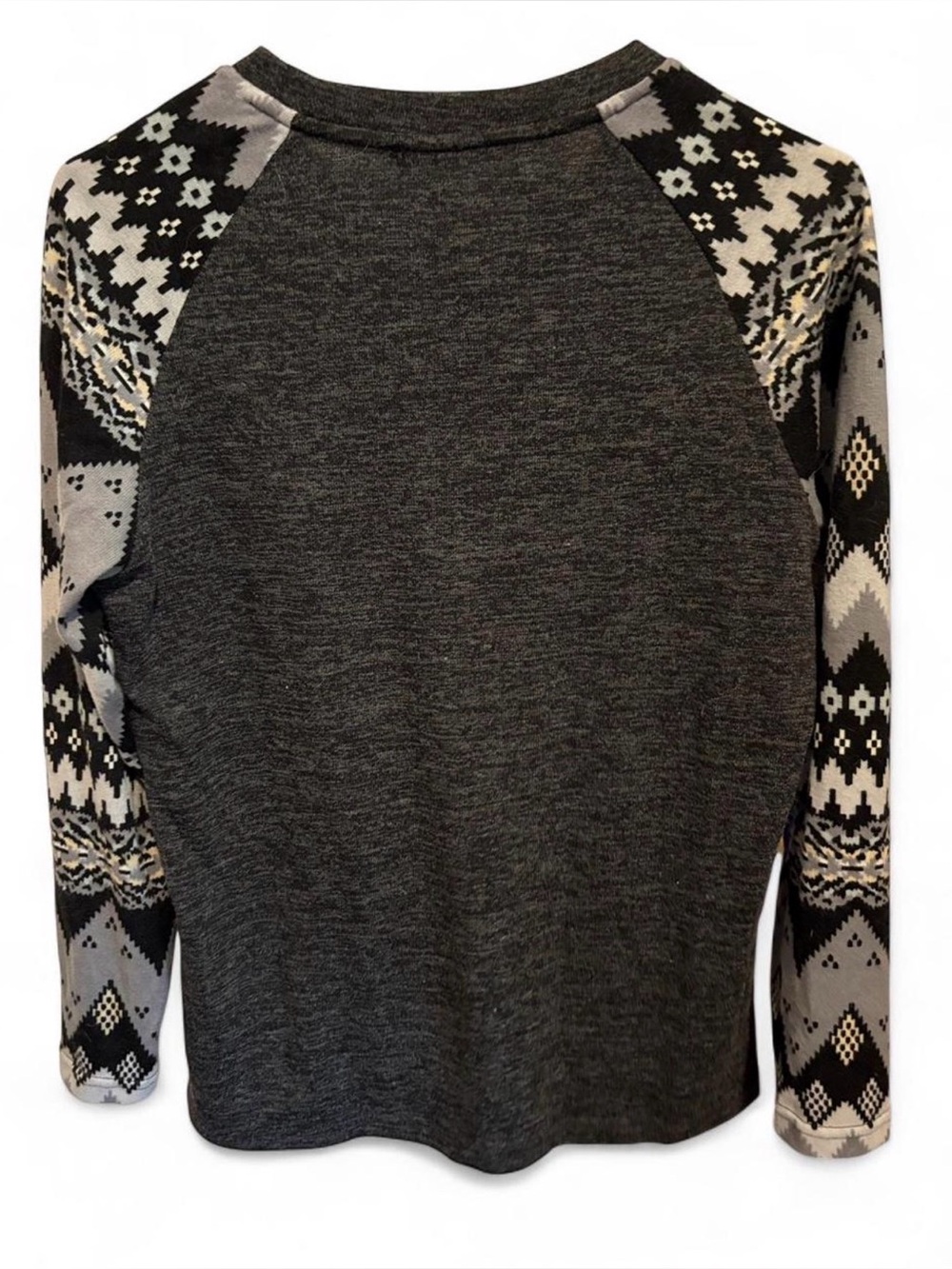 Doublju Charcoal Gray Long Sleeve Raglan Top with Patterned Sleeves - Picture 3 of 3